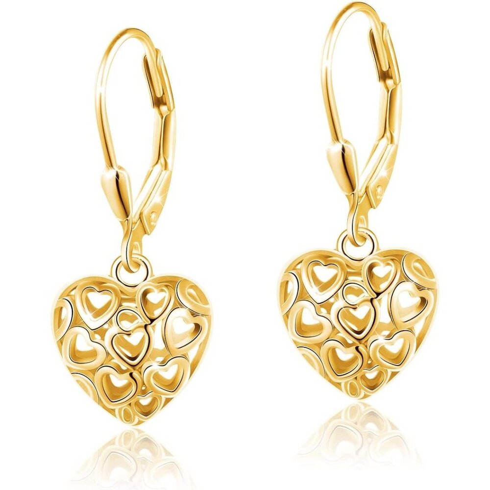 🆕Women's Heart Drop.Gold-Plated Sterling Silver Heart Dangle Drop Stud Earrings
